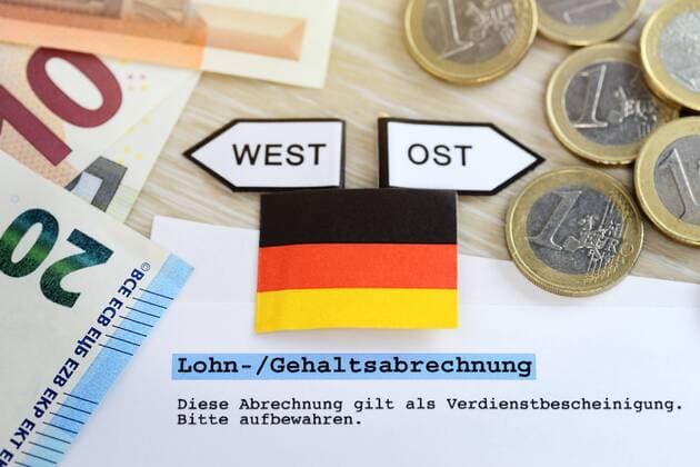 Wegweiser West und Ost mit Geldscheinen und GeldmÃ¼nzen, ungleiche GehÃ¤lter in West- und Ostdeutschland ** NUR FUER REDAKTIONELLE ZWECKE ** EDITORIAL USE ONLY **