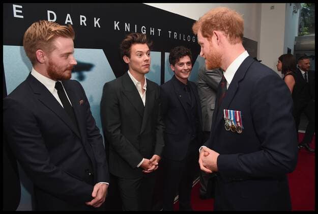 . 13 07 2017. London, United Kingdom. Prince Harry Dunkirk veterans. (L-R) Actors Jack Lowden, Harry Styles and Aneurin Barnard are greeted by Prince Harry at the Dunkirk World Premiere at Odeon Leicester Square on July 13, 2017 in London  xi-Imagesx xPoolx IIM-15567-0001