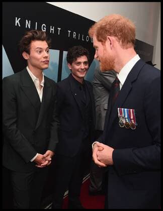 . 13 07 2017. London, United Kingdom. Prince Harry Dunkirk veterans. (L-R) Actors Jack Lowden, Harry Styles and Aneurin Barnard are greeted by Prince Harry at the Dunkirk World Premiere at Odeon Leicester Square on July 13, 2017 in London  xi-Imagesx xPoolx IIM-15567-0003
