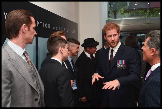 . 13 07 2017. London, United Kingdom. Prince Harry Dunkirk veterans. Prince Harry (R) and actors (L-R) James D Arcy, Barry Keoghan, Sir Kenneth Branagh, Cillian Murphy and Mark Rylance attend the Dunkirk World Premiere at Odeon Leicester Square on July 13, 2017 in London, England  xi-Imagesx xPoolx IIM-15567-0008