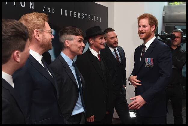. 13 07 2017. London, United Kingdom. Prince Harry Dunkirk veterans. Prince Harry (R) and actors (L-R) Barry Keoghan, Sir Kenneth Branagh, Cillian Murphy, Mark Rylance and Tom Hardy attend the Dunkirk World Premiere at Odeon Leicester Square on July 13, 2017 in London, England  xi-Imagesx xPoolx IIM-15567-0011