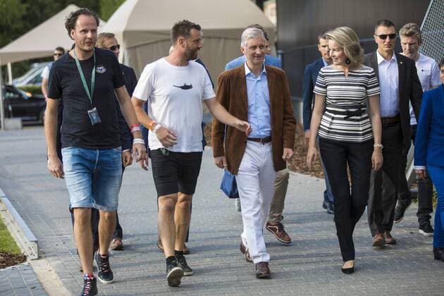 King Philippe - Filip of Belgium and Queen Mathilde of Belgium and the two brothers - owners of Tomorrowland Manu Beers (black T shirt) and Michiel Beers, pictured during a royal visit, on the first day of the Tomorrowland music festival, Friday 21 July 2017. The 13th edition of Tomorrowland electronic music festival takes place at the De Schorre terrain in Boom from 20 to 23 July 2017 and from 27 to 30 July 2017.  KOENxBLANCKAERT 05136082