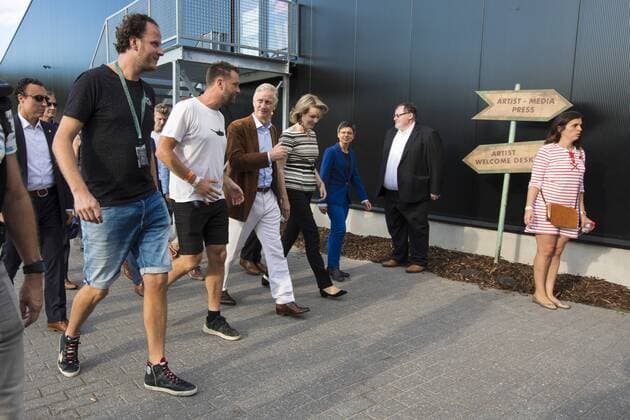 King Philippe - Filip of Belgium and Queen Mathilde of Belgium and the two brothers - owners of Tomorrowland Manu Beers (black T shirt) and Michiel Beers, pictured during a royal visit, on the first day of the Tomorrowland music festival, Friday 21 July 2017. The 13th edition of Tomorrowland electronic music festival takes place at the De Schorre terrain in Boom from 20 to 23 July 2017 and from 27 to 30 July 2017.  KOENxBLANCKAERT 05136084