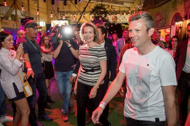 Queen Mathilde of Belgium and Tomorrowland-owner Michiel Beers, pictured during a visit at the Tomorrowland music festival, Friday 21 July 2017. The 13th edition of Tomorrowland electronic music festival takes place at the De Schorre terrain in Boom from 20 to 23 July 2017 and from 27 to 30 July 2017.  POOLxDANNYxGYS 05136159