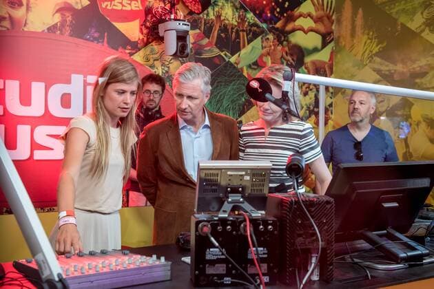 Studio Brussel presenter Eva De Roo and King Philippe - Filip of Belgium and Queen Mathilde of Belgium pictured during a royal visit to the Studio Brussel studio, on a visit at the Tomorrowland music festival, Friday 21 July 2017. The 13th edition of Tomorrowland electronic music festival takes place at the De Schorre terrain in Boom from 20 to 23 July 2017 and from 27 to 30 July 2017.  POOLxDANNYxGYS 05136150