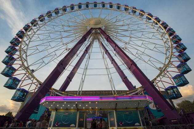 Illustration picture of the big cart wheel taken during the first day of the Tomorrowland music festival, Friday 21 July 2017. The 13th edition of Tomorrowland electronic music festival takes place at the De Schorre terrain in Boom from 20 to 23 July 2017 and from 27 to 30 July 2017.  KOENxBLANCKAERT 05136190