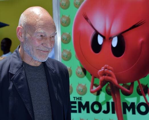 Cast member Patrick Stewart, the voice of Poop in the animated motion picture comedy The Emoji Movie attends the premiere of the film at the Regency Village Theatre in the Westwood section of Los Angeles on July 23, 2017. Storyline: Gene, a multi-expressional emoji, sets out on a journey to become a normal emoji.  LAP2017072349 JIMxRUYMEN