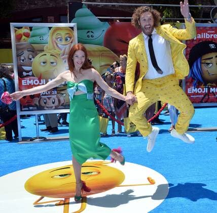 Cast member T.J. Miller, the voice of Gene in the animated motion picture comedy The Emoji Movie and his wife, actress Kate Gorney attend the premiere of the film at the Regency Village Theatre in the Westwood section of Los Angeles on July 23, 2017. Storyline: Gene, a multi-expressional emoji, sets out on a journey to become a normal emoji.  LAP2017072371 JIMxRUYMEN