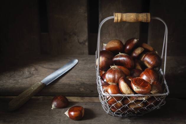 IMAGO Creative: Herbst, Kastanien sammeln Sweet chestnuts in wire basket  EVGF03239