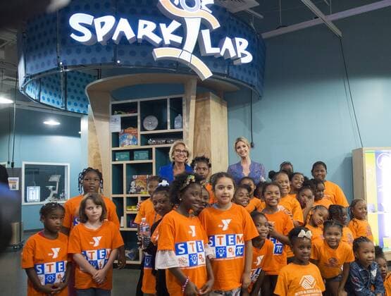 Education Secretary Betsy DeVos and Ivanka Trump pose for a picture after they read Rosie Revere, Engineer to early grade school children at the Spark Lab at the National Museum of American History in Washington, DC on July 25, 2017. DeVos and Ivanka Trump focused the event on getting girls excited about STEM studies as they participated in certain science experiments.  WAS2017072508 PatxBenic