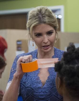 Ivanka Trump interacts and participates in a science experiment in a wind tunnel after she and Education Secretary Betsy DeVos read Rosie Revere, Engineer to early grade school children at the Spark Lab at the National Museum of American History in Washington, DC on July 25, 2017. DeVos and Ivanka Trump focused the event on getting girls excited about STEM studies as they participated in certain science experiments.  WAS2017072529 PatxBenic