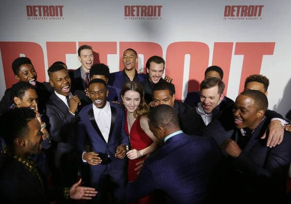 July 25, 2017 - Detroit, MI, USA - Members of the cast joke around as they pose for photographers on the red carpet during the world premiere of Detroit, directed by Kathryn Bigelow, at the Fox Theatre in Detroit on Tuesday, July 25, 2017. Detroit USA - ZUMAm67_ 20170725_zaf_m67_035 Copyright: xRomainxBlanquartx