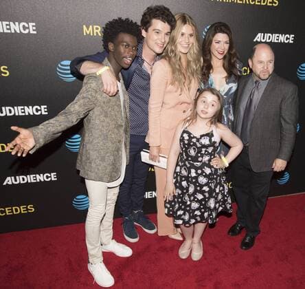 July 25, 2017 - Beverly Hills, California, U.S - Tim Johnson Jr., Nick Marini, Natalie Sharp, Amy Pietz, Jason Alexander and Maddie Dixon-Poitier at center. The cast of AT&T AUDIENCE Networks Ã’Mr. MercedesO, adapted from the original novel by Stephen King, walked the red carpet before viewing this year s screening at the Beverly Hilton Garden. The dramatic series follows a serial killer as he taunts a retired police detective leading the ex-cop to undertake a private investigation before the killer can strike again. The dramatic suspense thriller is set to premiere on the Audience Network on August 9, 2017. Beverly Hills U.S. - ZUMAb102 20170725_zaf_b102_070 Copyright: xDavidxBrox