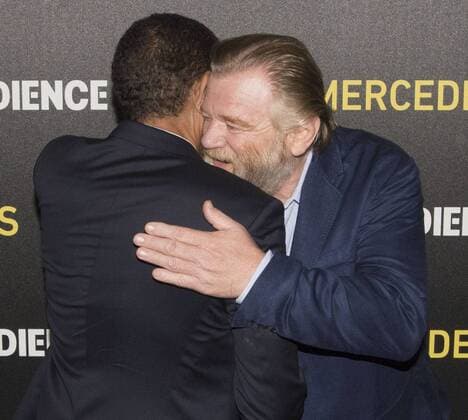 July 25, 2017 - Beverly Hills, California, U.S - Scott Lawrence and Brendan Gleeson greet each other on the red carpet. The cast of AT&T AUDIENCE Networks Ã’Mr. MercedesO, adapted from the original novel by Stephen King, walked the red carpet before viewing this year s screening at the Beverly Hilton Garden. The dramatic series follows a serial killer as he taunts a retired police detective leading the ex-cop to undertake a private investigation before the killer can strike again. The dramatic suspense thriller is set to premiere on the Audience Network on August 9, 2017. Beverly Hills U.S. - ZUMAb102 20170725_zaf_b102_071 Copyright: xDavidxBrox