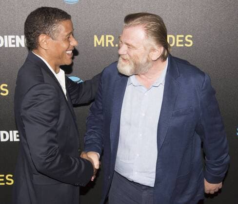 July 25, 2017 - Beverly Hills, California, U.S - Scott Lawrence and Brendan Gleeson greet each other on the red carpet. The cast of AT&T AUDIENCE Networks Ã’Mr. MercedesO, adapted from the original novel by Stephen King, walked the red carpet before viewing this year s screening at the Beverly Hilton Garden. The dramatic series follows a serial killer as he taunts a retired police detective leading the ex-cop to undertake a private investigation before the killer can strike again. The dramatic suspense thriller is set to premiere on the Audience Network on August 9, 2017. Beverly Hills U.S. - ZUMAb102 20170725_zaf_b102_072 Copyright: xDavidxBrox