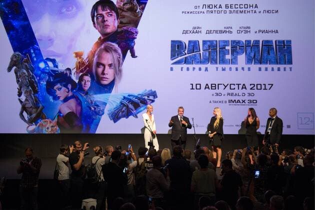 MOSCOW REGION, RUSSIA - JULY 27, 2017: Russian model and actress Sasha Luss and French film director Luc Besson (L-R) at the Moscow premiere of Besson s film Valerian and the City of a Thousand Planets at the Barvikha Luxury Village concert hall. Sergei Bobylev TASS  TS059358