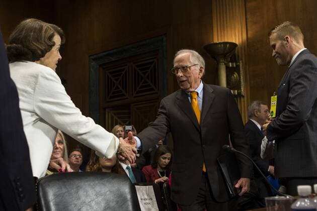 July 12, 2017 - Washington, District of Columbia, USA - Former Senator SAM NUNN (R-GA) shakes hands with Sen. DIANNE FEINSTEIN (D-CA) prior to Christopher Wray s confirmation hearing before the Senate Judiciary Committee to be FBI Director on Capitol Hill. Washington USA - ZUMAe113 20170712_zap_e113_038 Copyright: xAlexxEdelmanx