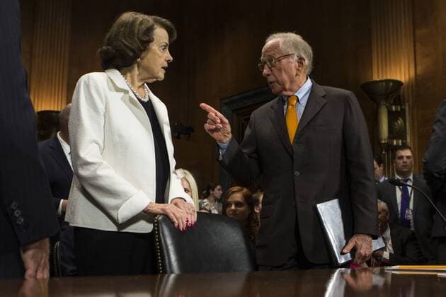 July 12, 2017 - Washington, District of Columbia, USA - Former Senator SAM NUNN (R-GA) speaks with Sen. DIANNE FEINSTEIN (D-CA) prior to Christopher Wray s confirmation hearing before the Senate Judiciary Committee to be FBI Director on Capitol Hill. Washington USA - ZUMAe113 20170712_zap_e113_039 Copyright: xAlexxEdelmanx