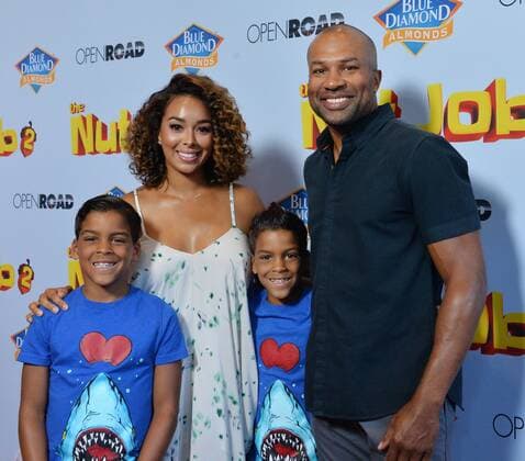 Former NBA player Derek Fisher and TV personality Gloria Govan attend the premiere of the animated motion picture comedy The Nut Job 2: Nutty by Nature with Govan s twin sons Isaiah Michael Barnes (L) and Carter Kelly Barnes at Regal Cinemas LA Live in Los Angeles on August 5, 2017. Storyline: Following the events of the first film, Surly and his friends must stop Oakton City s mayor from destroying their home to make way for a dysfunctional amusement park.  LAP2017080515 JIMxRUYMEN