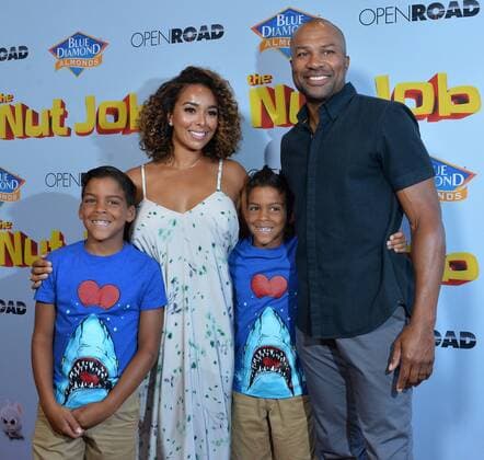 Former NBA player Derek Fisher and TV personality Gloria Govan attend the premiere of the animated motion picture comedy The Nut Job 2: Nutty by Nature with Govan s twin sons Isaiah Michael Barnes (L) and Carter Kelly Barnes at Regal Cinemas LA Live in Los Angeles on August 5, 2017. Storyline: Following the events of the first film, Surly and his friends must stop Oakton City s mayor from destroying their home to make way for a dysfunctional amusement park.  LAP2017080516 JIMxRUYMEN
