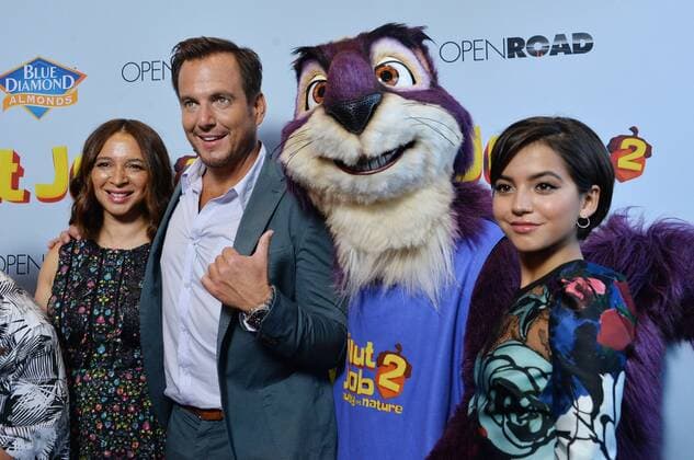 Cast members Gabriel Iglesias, Maya Rudolph, Will Arnett and Isabela Moner (L-R) attend the premiere of the animated motion picture comedy The Nut Job 2: Nutty by Nature at Regal Cinemas LA Live in Los Angeles on August 5, 2017. Storyline: Following the events of the first film, Surly and his friends must stop Oakton City s mayor from destroying their home to make way for a dysfunctional amusement park.  LAP2017080519 JIMxRUYMEN