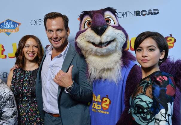 Cast members Gabriel Iglesias, Maya Rudolph, Will Arnett and Isabela Moner (L-R) attend the premiere of the animated motion picture comedy The Nut Job 2: Nutty by Nature at Regal Cinemas LA Live in Los Angeles on August 5, 2017. Storyline: Following the events of the first film, Surly and his friends must stop Oakton City s mayor from destroying their home to make way for a dysfunctional amusement park.  LAP2017080520 JIMxRUYMEN