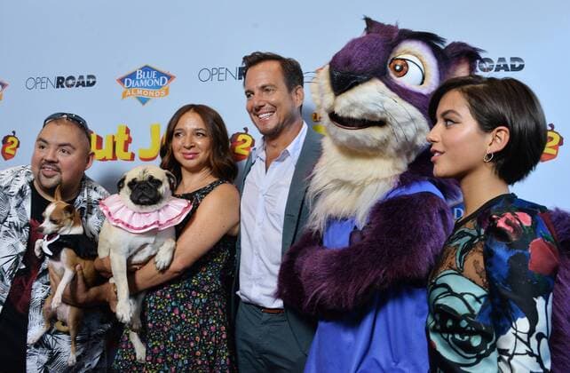 Cast members Gabriel Iglesias, Maya Rudolph, Will Arnett and Isabela Moner (L-R) attend the premiere of the animated motion picture comedy The Nut Job 2: Nutty by Nature at Regal Cinemas LA Live in Los Angeles on August 5, 2017. Storyline: Following the events of the first film, Surly and his friends must stop Oakton City s mayor from destroying their home to make way for a dysfunctional amusement park.  LAP2017080524 JIMxRUYMEN