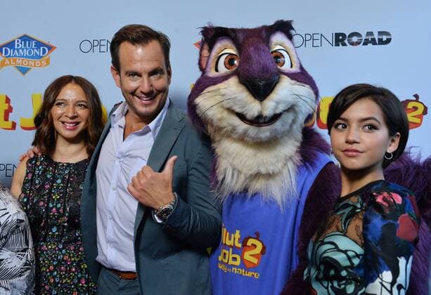 Cast members Gabriel Iglesias, Maya Rudolph, Will Arnett and Isabela Moner (L-R) attend the premiere of the animated motion picture comedy The Nut Job 2: Nutty by Nature at Regal Cinemas LA Live in Los Angeles on August 5, 2017. Storyline: Following the events of the first film, Surly and his friends must stop Oakton City s mayor from destroying their home to make way for a dysfunctional amusement park.  LAP2017080522 JIMxRUYMEN
