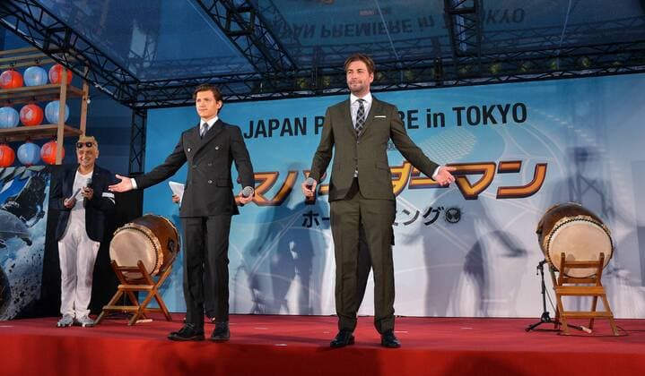 Actor Tom Holland(L) and director Jon Watts attend the Japan premiere for the film Spider-Man: Homecoming in Tokyo, Japan on August 7, 2017.  TKP2017080724 KEIZOxMORI