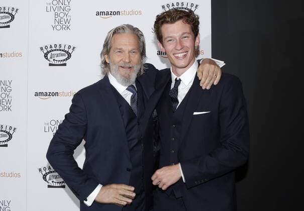 Jeff Bridges and Callum Turner arrive on the red carpet at The Only Living Boy In New York New York Premiere at The Museum of Modern Art on August 7, 2017 in New York City.  NYP20170807141 JOHNxANGELILLO