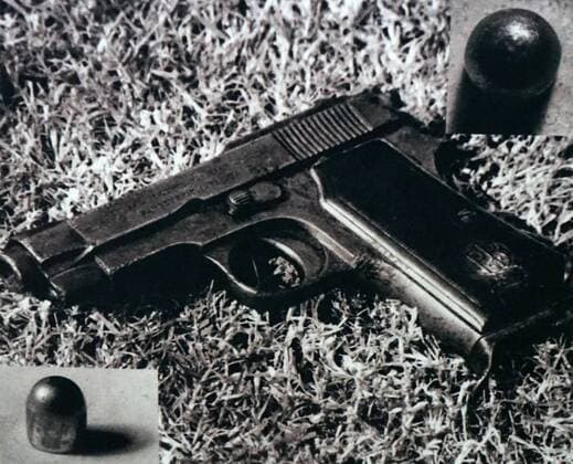 IMAGO ICONS: Mahatma Gandhi hand gun used in the assassination of Mohandas Karamchand Gandhi 1869 – 1948), in 1948. Gandhi was the preeminent leader of the Indian independence movement in British-ruled India. At 5:17 pm on 30 January 1948, Gandhi was with his grandnieces in the garden of the former Birla House (now Gandhi Smriti), on his way to address a prayer meeting, when Nathuram Godse fired three bullets from a Beretta 9 mm pistol into his chest at point-blank range 917_05_WHA_100_0282