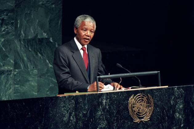 IMAGO History, Ende der Apartheid in Südafrika: 1990-1994 Nelson Rolihlahla Mandela (1918 – 2013); South African anti-apartheid politician; served as President of South Africa from 1994 to 1999. seen here addressing the UN General Assembly in 1990 917_05_WHA_100_0806
