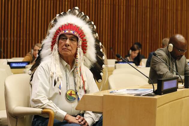 (170810) -- UNITED NATIONS, Aug. 10, 2017 -- Grand Chief Wilton Littlechild, a Cree Chief from Canada, attends an event marking International Day of the World s Indigenous Peoples at the United Nations headquarters in New York, on Aug. 9, 2017. The UN on Wednesday marked the 10th anniversary of the adoption of the Declaration on the Rights of Indigenous Peoples, by stressing the need to eliminate discrimination, marginalization and encroachment on their basic rights. ) UN-THE INTERNATIONAL DAY OF THE WORLD S INDIGENOUS PEOPLES-MARKING MaxJianguo 