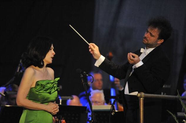Slovak classical soprano Simona Saturova (left) performs with the Brno Philharmonic Orchestra during the Spilberk International Music Festival in Brno, Czech Republic, on August 13, 2017. On the right side is seen Polish conductor Lukasz Borowicz. (CTKxPhoto IgorxZehl) CTKPhotoP201708130510801  zeh