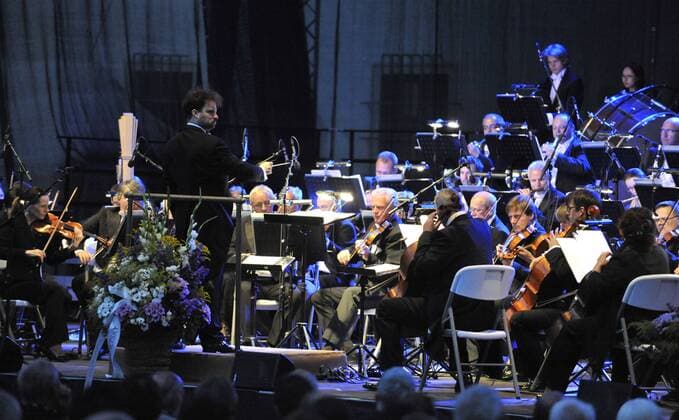 Polish conductor Lukasz Borowicz (left) performs with the Brno Philharmonic Orchestra during the Spilberk International Music Festival in Brno, Czech Republic, on August 13, 2017. (CTKxPhoto IgorxZehl) CTKPhotoP201708130526101  zeh
