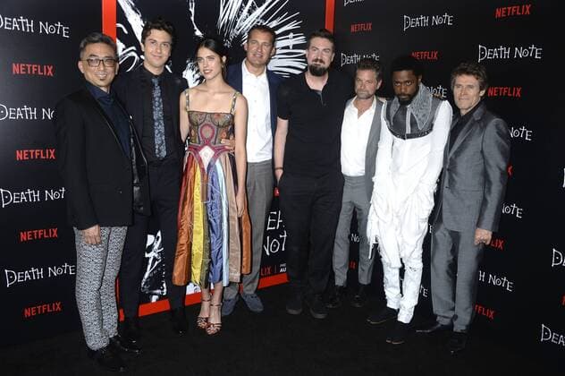 Paul Nakauchi, Nat Wolff, Margaret Qualley, Scott Stuber, Adam Wingard, Shea Whigham, Lakeith Stanfield und Willem Dafoe bei der Premiere des Netflix-Films Death Note im AMC Loews Lincoln Square. New York, 17.08.2017 Foto:xD.xVanxTinex xFuturexImage