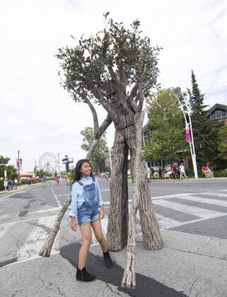 Kanada National Ausstellung in Toronto (170819) -- TORONTO, Aug. 19, 2017 -- A girl reacts as she meets an anthropomorphic tree costumed by a busker at the 139th Canadian National Exhibition in Toronto, Canada, Aug. 18, 2017. )(yk) CANADA-TORONTO-CANADIAN NATIONAL EXHIBITION ZouxZheng 