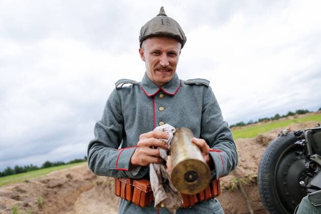 KALININGRAD REGION, RUSSIA - AUGUST 19, 2017: A participant in a historical reenactment of the 1914 Battle of Gumbinnen between the Russian and the German Armies on the Eastern Front of World War I. The battle reenactment is performed as part of the Battle of Gumbinnen military and historical festival near the village of Lermontovo. Vitaly Nevar TASS  TS05BFE9