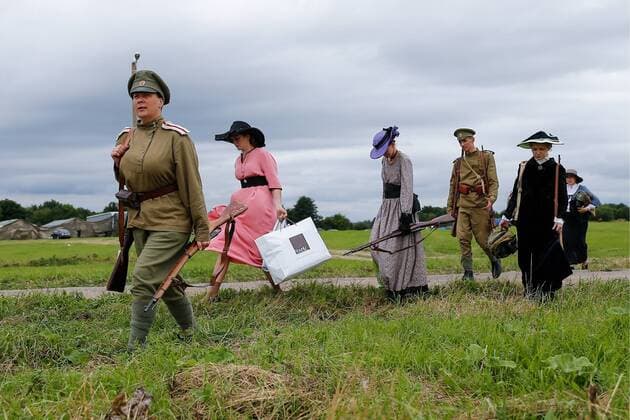 KALININGRAD REGION, RUSSIA - AUGUST 19, 2017: Participants in a historical reenactment of the 1914 Battle of Gumbinnen between the Russian and the German Armies on the Eastern Front of World War I. The battle reenactment is performed as part of the Battle of Gumbinnen military and historical festival near the village of Lermontovo. Vitaly Nevar TASS  TS05BFEB