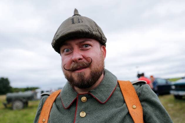 KALININGRAD REGION, RUSSIA - AUGUST 19, 2017: A participant in a historical reenactment of the 1914 Battle of Gumbinnen between the Russian and the German Armies on the Eastern Front of World War I. The battle reenactment is performed as part of the Battle of Gumbinnen military and historical festival near the village of Lermontovo. Vitaly Nevar TASS  TS05BFEC