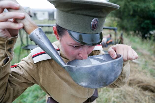 KALININGRAD REGION, RUSSIA - AUGUST 19, 2017: A participant in a historical reenactment of the 1914 Battle of Gumbinnen between the Russian and the German Armies on the Eastern Front of World War I. The battle reenactment is performed as part of the Battle of Gumbinnen military and historical festival near the village of Lermontovo. Vitaly Nevar TASS  TS05BFEF