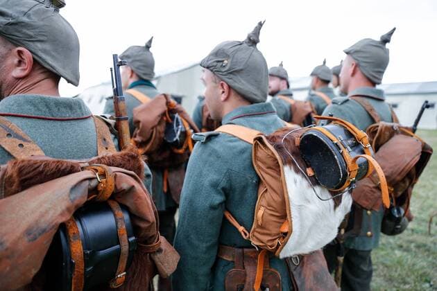 KALININGRAD REGION, RUSSIA - AUGUST 19, 2017: Participants in a historical reenactment of the 1914 Battle of Gumbinnen between the Russian and the German Armies on the Eastern Front of World War I. The battle reenactment is performed as part of the Battle of Gumbinnen military and historical festival near the village of Lermontovo. Vitaly Nevar TASS  TS05BFF1