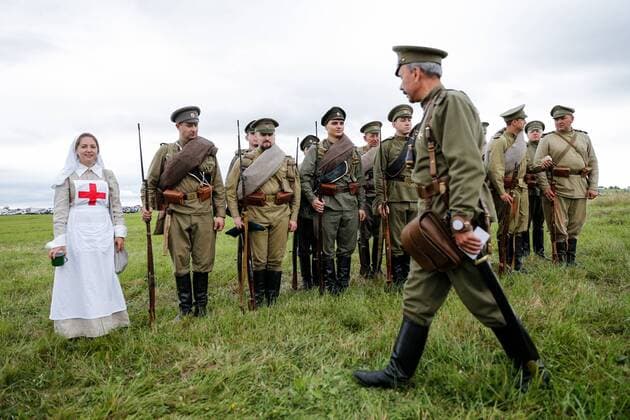 KALININGRAD REGION, RUSSIA - AUGUST 19, 2017: Participants in a historical reenactment of the 1914 Battle of Gumbinnen between the Russian and the German Armies on the Eastern Front of World War I. The battle reenactment is performed as part of the Battle of Gumbinnen military and historical festival near the village of Lermontovo. Vitaly Nevar TASS  TS05BFF2
