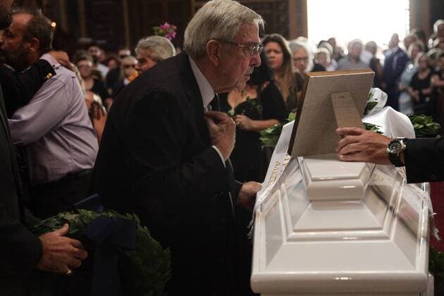 August 22, 2017 - Athens, Greece - King CONSTANTINE of Greece with his son Prince NIKOLAOS of Greece attend at the funeral of famous Greek actress Zoe Laskari. Athens Greece - ZUMAe114 20170822_zaa_e114_002 Copyright: xEurokinissix