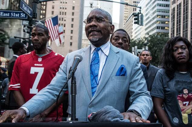 August 23, 2017 - New York City, New York, United States of America - Colin Meeks. New Yorkers rallied behind now-unsigned NFL player Colin Kaepernick who has remained seated during the singing of the US National Anthem since 2016. Kaepernick has stated I am not going to stand up to show pride in a flag for a country that oppresses black people and people of color.Ã¢â‚¬Â Kaepernick exercised his free agency option with the San Francisco 49ers and remains unsigned, which some see as a sign of a blacklisting in the NFL. Calls against Verizon were also made due to its 130 million in advertising with the NFL. New York City United States of America - ZUMAb160 20170823_zbp_b160_026 Copyright: xSachellexBabbarx