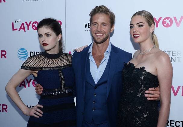 Cast members Alexandra Daddario, Matt Barr and Kate Upton (L-R) attend the premiere of the motion picture comedy The Layover at the ArcLight Cinema Dome in the Hollywood section of Los Angeles on August 23, 2017. Storyline: Two friends go on a road trip together.  LAP2017082309 JIMxRUYMEN