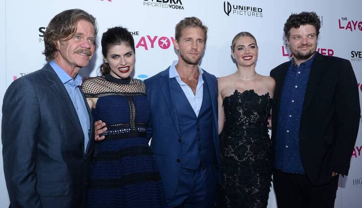 Director William H. Macy (L) gathers with cast members Alexandra Daddario, Matt Barr, Kate Upton and Matt Jones (L-R) during the premiere of the motion picture comedy The Layover at the ArcLight Cinema Dome in the Hollywood section of Los Angeles on August 23, 2017. Storyline: Two friends go on a road trip together.  LAP2017082311 JIMxRUYMEN