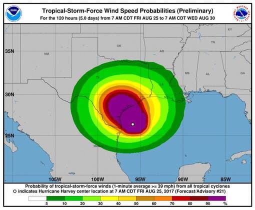 August 25, 2017 - Texas, U.S. - Speed Probabilities. Tropical Storm Harvey is expected to strengthen into aÊhurricaneÊbefore bringing a extremely dangerous combination of rainfall and storm-surge flooding to areas near the Texas and LouisianaÊcoasts. The storm became a Category 2 hurricane early Friday, with winds of 110 mph. It is forecast to strengthen to a Category 3 storm before landfall overnight. U.S. - ZUMAz03_ 20170825_shw_z03_515 Copyright: xNOAAx