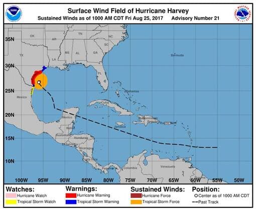 August 25, 2017 - Texas, U.S. - Surface Wind chart. Tropical Storm Harvey is expected to strengthen into aÊhurricaneÊbefore bringing a extremely dangerous combination of rainfall and storm-surge flooding to areas near the Texas and LouisianaÊcoasts. The storm became a Category 2 hurricane early Friday, with winds of 110 mph. It is forecast to strengthen to a Category 3 storm before landfall overnight. U.S. - ZUMAz03_ 20170825_shw_z03_516 Copyright: xNOAAx
