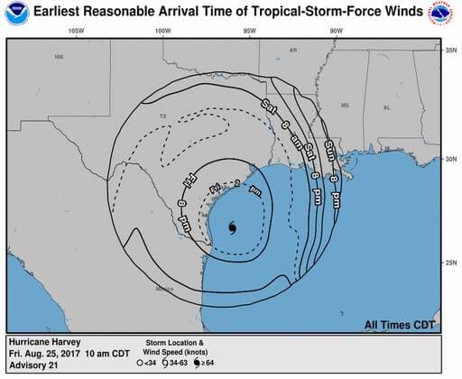 August 25, 2017 - Texas, U.S. - Earliest Arrival time. Tropical Storm Harvey is expected to strengthen into aÊhurricaneÊbefore bringing a extremely dangerous combination of rainfall and storm-surge flooding to areas near the Texas and LouisianaÊcoasts. The storm became a Category 2 hurricane early Friday, with winds of 110 mph. It is forecast to strengthen to a Category 3 storm before landfall overnight. U.S. - ZUMAz03_ 20170825_shw_z03_517 Copyright: xNOAAx